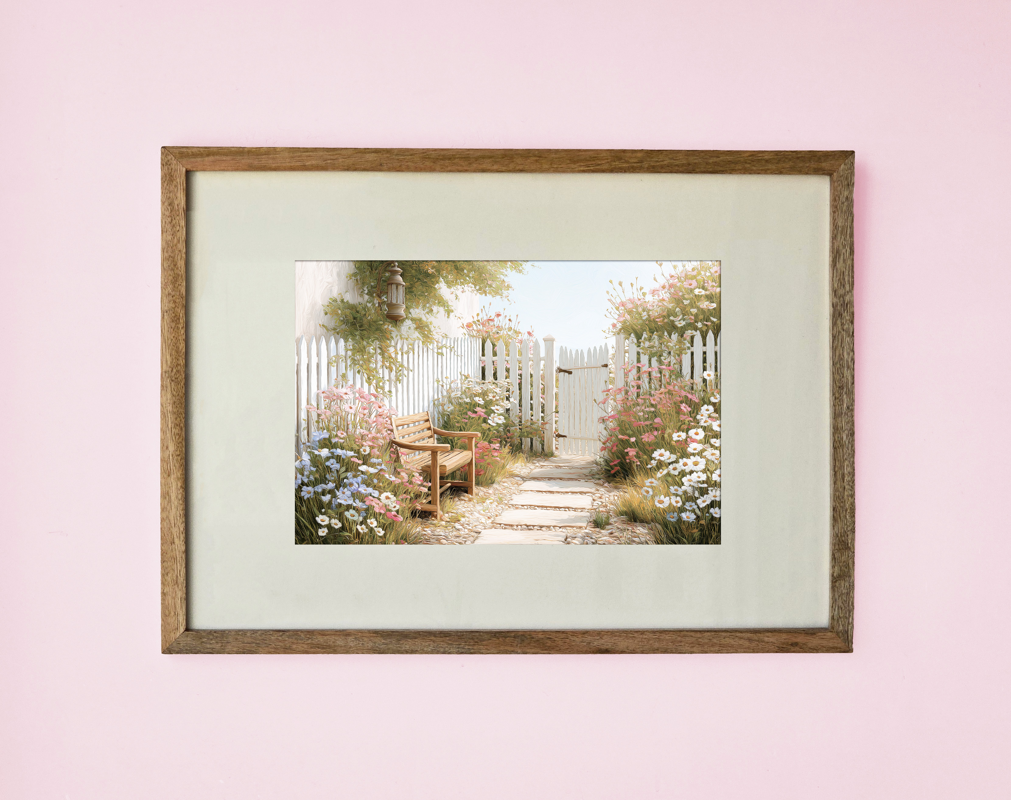 Garden fence art print in landscape orientation inside the wooden frame